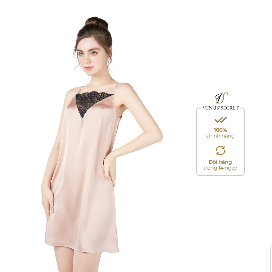 Đầm Midi lụa trơn phối ren đen cup ngực Venus'Secret -