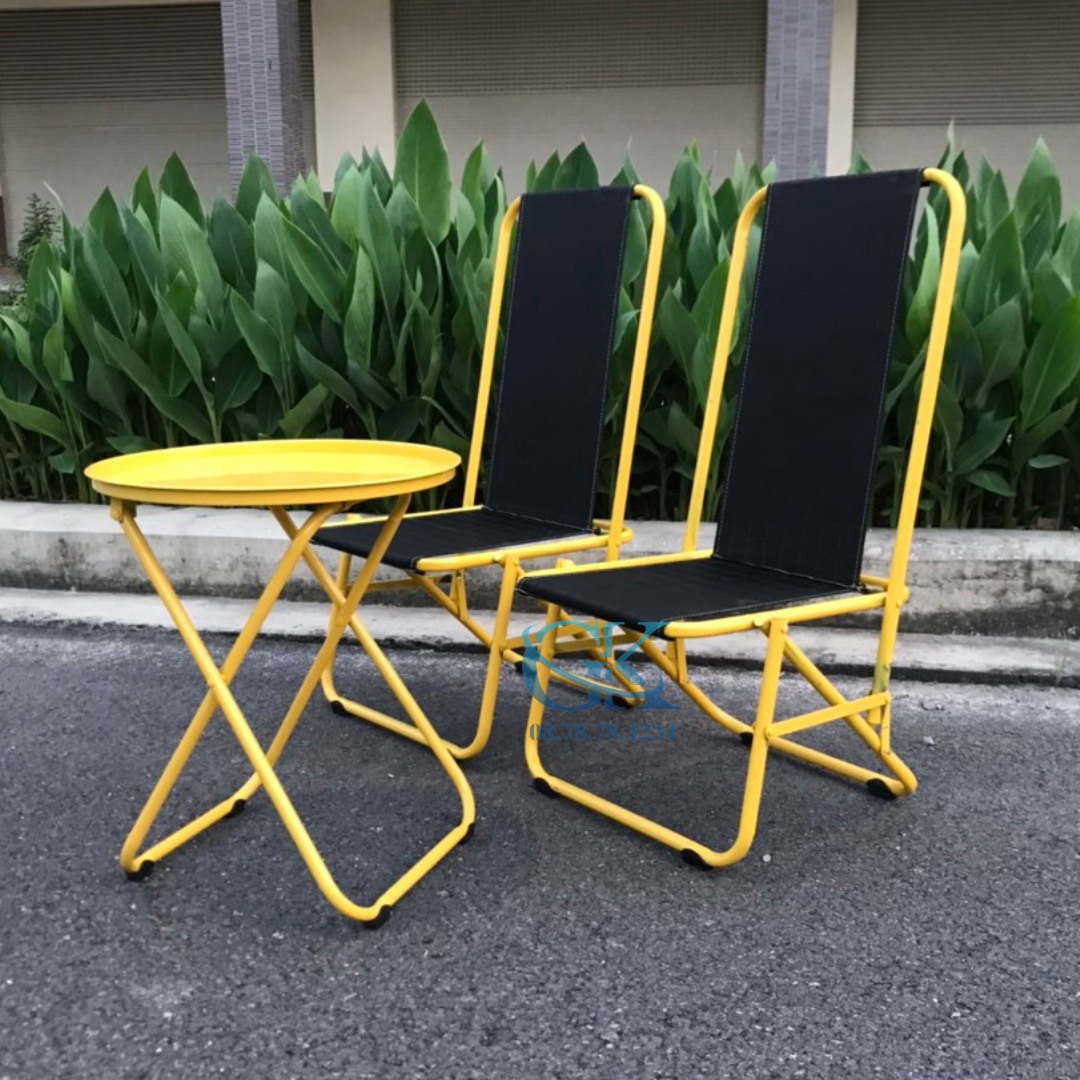 Bộ 2 ghế 1 bàn xếp màu vàng lưng 85cm, sắt sơn tĩnh điện, sử dụng trong quán cafe, trà sữa, chịu tải 100kg