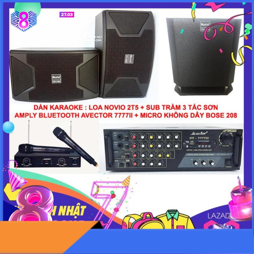 [Trả góp 0%]Dàn karaoke gia đình Dàn karaoke gia đình hay Dàn karaoke cao cấp AMPLY KARAOKE BLUETOOTH AVECTOR 7777II + LOA NOVIO PRO AUDIO 2T5 + LOA SUB TRẦM ĐIỆN 3 TẤC SƠN + BỘ MICRO KHÔNG DÂY