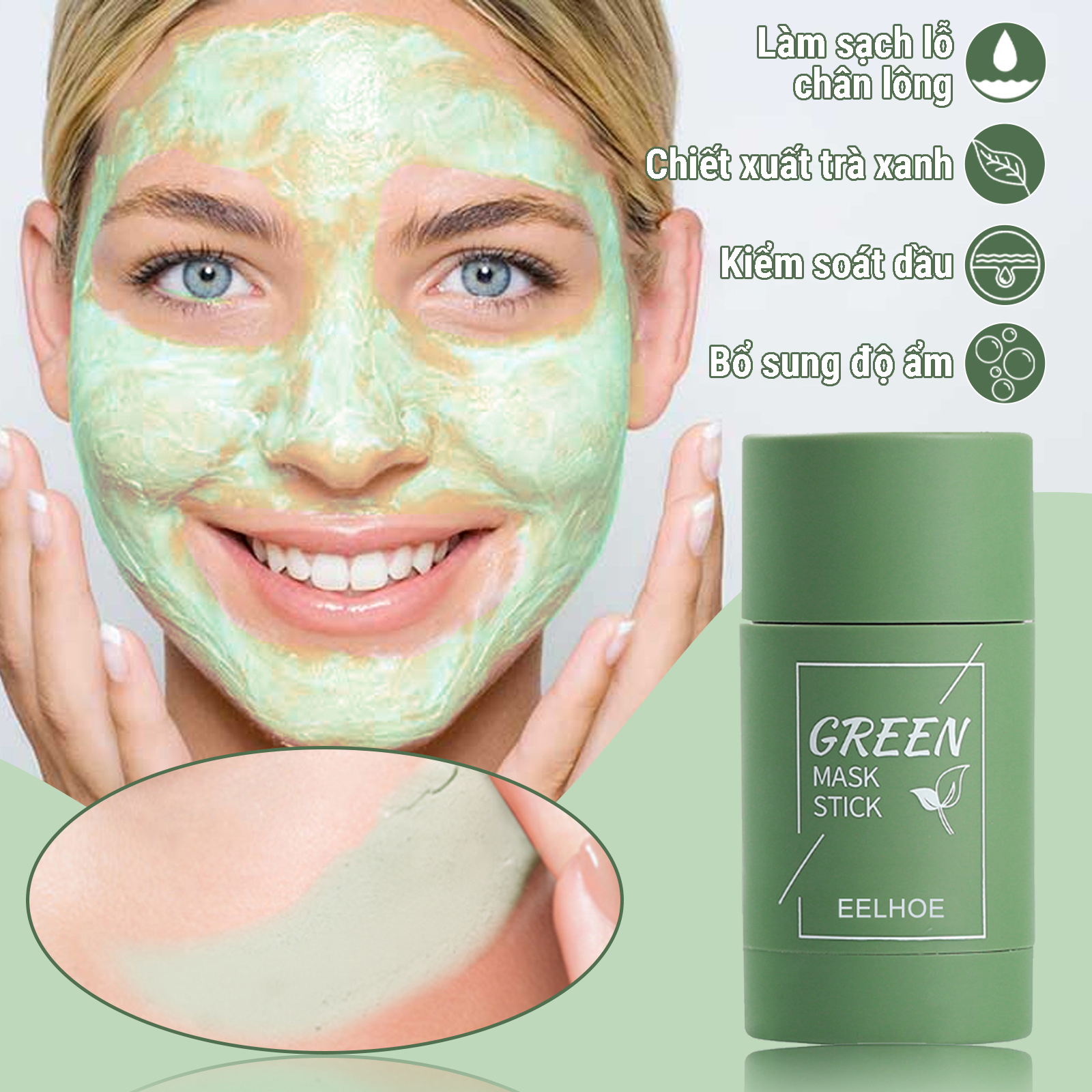 Mặt nạ trà xanh dạng lăn green mask stick, thanh lăn mặt nạ trà xanh green mask stick - cam kết chính hãng 66g