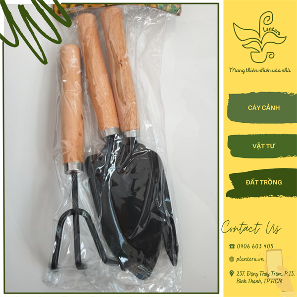 Bộ dụng cụ làm vườn 3 món cán gỗ size l - dụng cụ làm vườn - cào, cuốc, xẻng