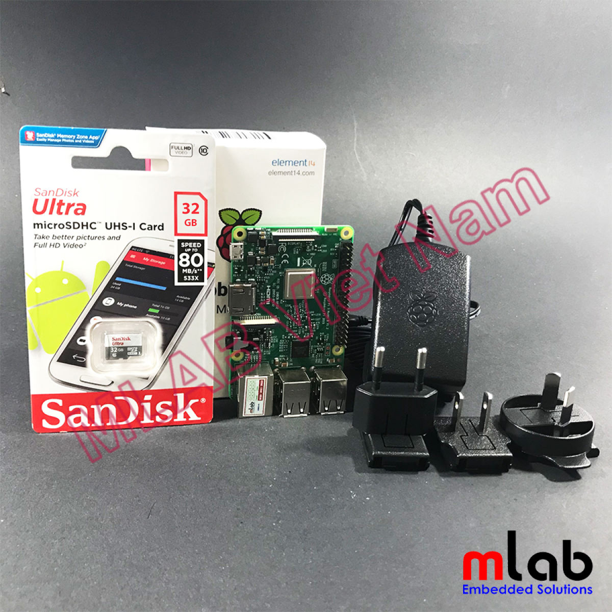 Raspberry pi 3 kèm nguồn rs 5v-2.5a và thẻ nhớ 16gb class 10 sandisk