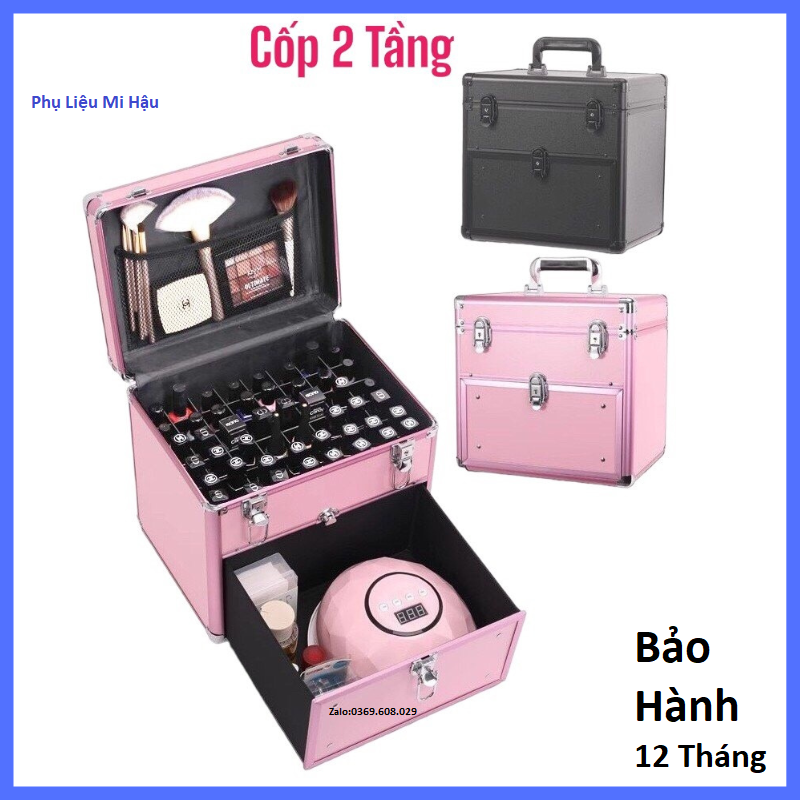 Cốp đựng đồ làm nail_phun xăm_nối mi_trang điểm 2 tầng_hộp đựng mỹ phẩm vỏ da vân cao cấp_cốp nhôm 2 tầng,túi đồ trang điểm, tủ đựng đồ cho thợ nail