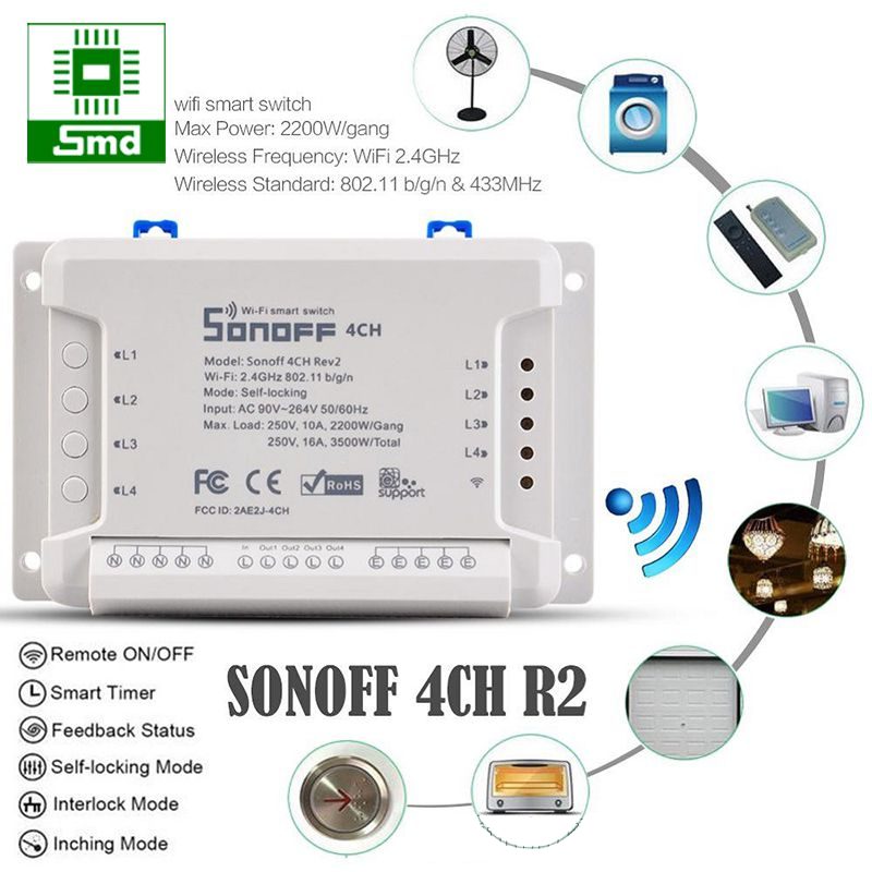 Công tắc thông minh sonoff 4ch r2 điều khiển từ xa qua wifi 4 kênh