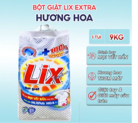 Bột giặt Lix Extra hương hoa 9Kg siêu làm trắng quần áo tăng gấp đôi sức mạnh lưu hương lâu cho giặt tay và máy 