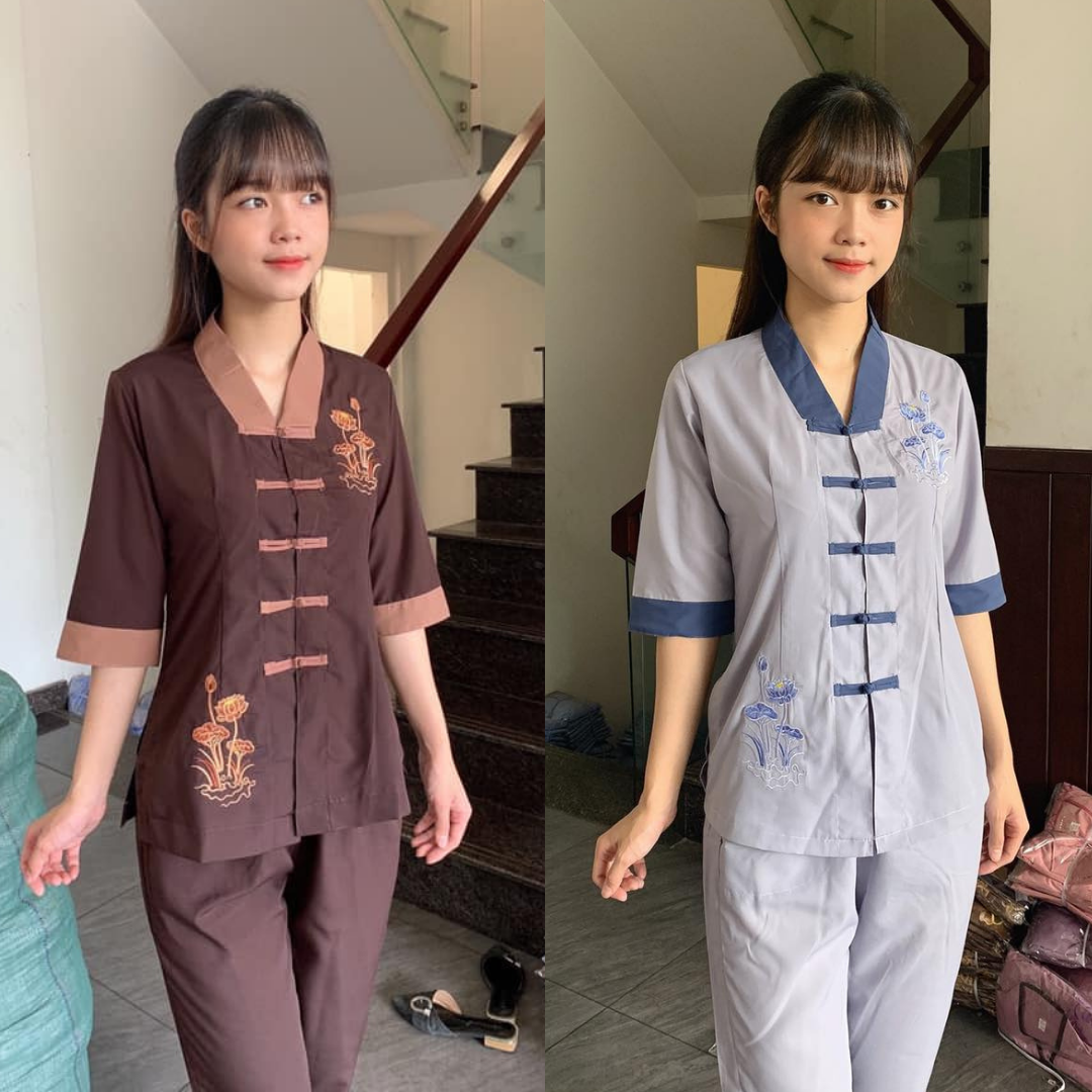 Đồ Lam Bộ Đi Chùa Nữ La Hán Phối Vải Dày Dặn Mềm Mịn Thấm Mồ Hôi Cực Tốt Mặc Rất Mát Và Thoải Mái