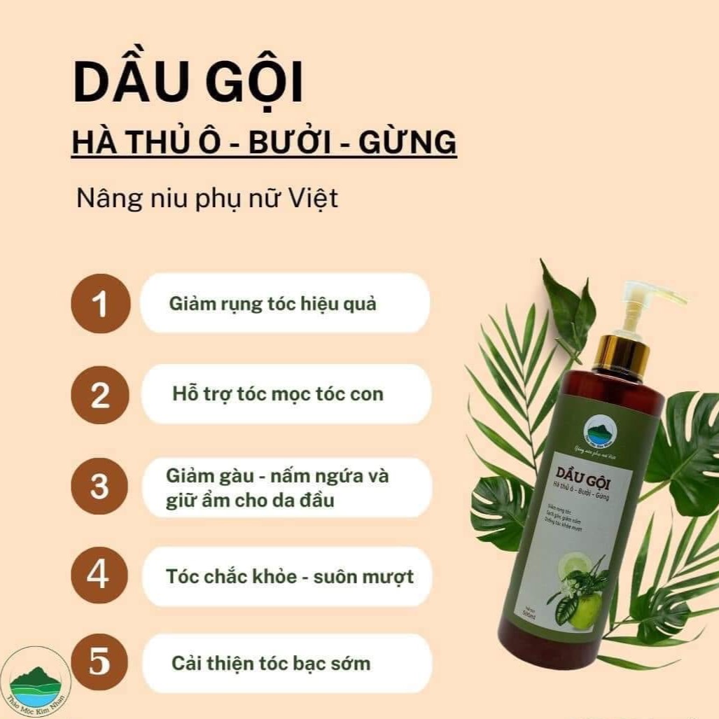 500ML Dầu gội Hà Thủ Ô bưởi gừng 500ml giúp sạch gàu, giảm gãy rụng Thảo mộc Kim Nhan