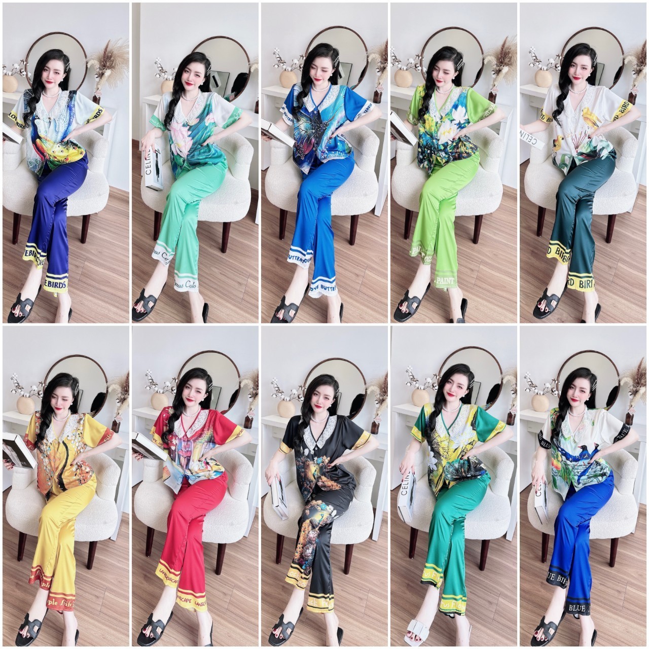 Bộ lụa tay ngắn quần dài cổ phối ren đẹp