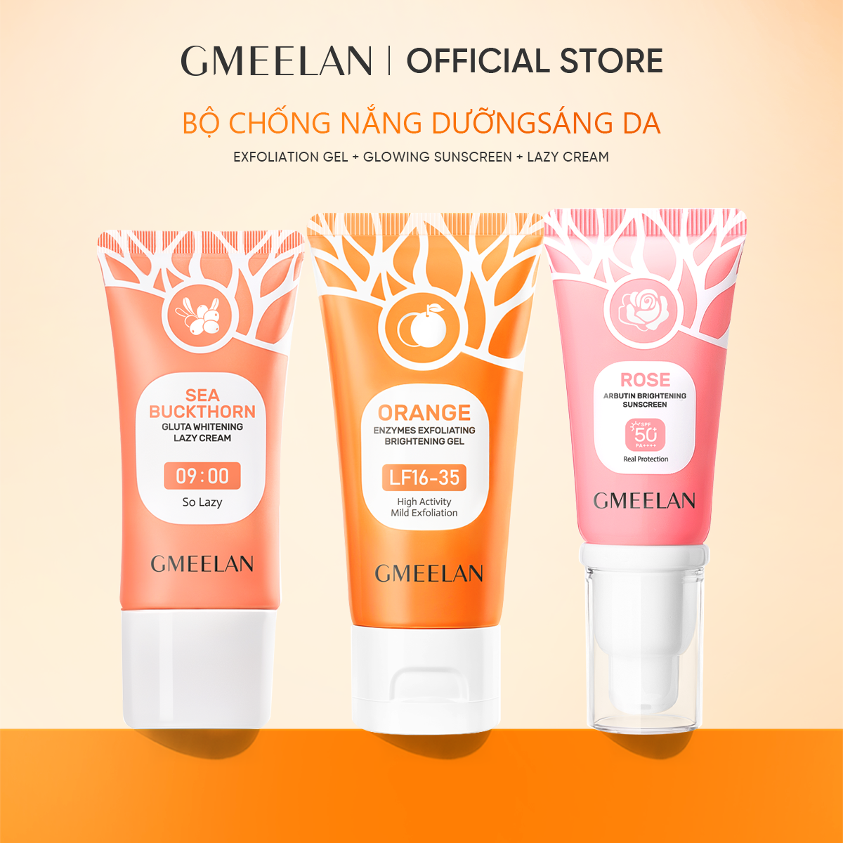 COMBO 3PCS GMEELAN Kem Glutathione 30g Gel Tẩy tế bào chết 50g+GMEELAN KEM LƯỜI BIỂN GLUTA Lazy Cream Facial đẹp Chăm Sóc 30g+Chiba Rose Kem chống nắng 30g Sunscreen SPF50+