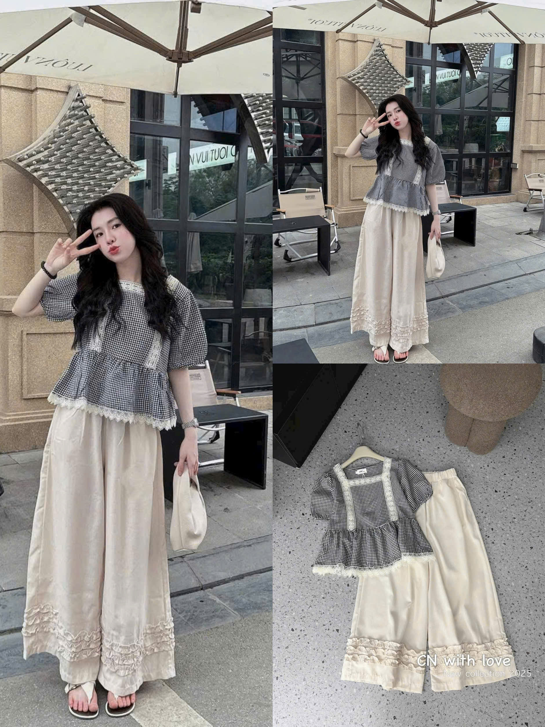 Set bộ dài thời trang tuổi teen áo for sọc caro tay ngắn dáng babydoll siêu cưng mix quần mango lưng chun lai bèo ống