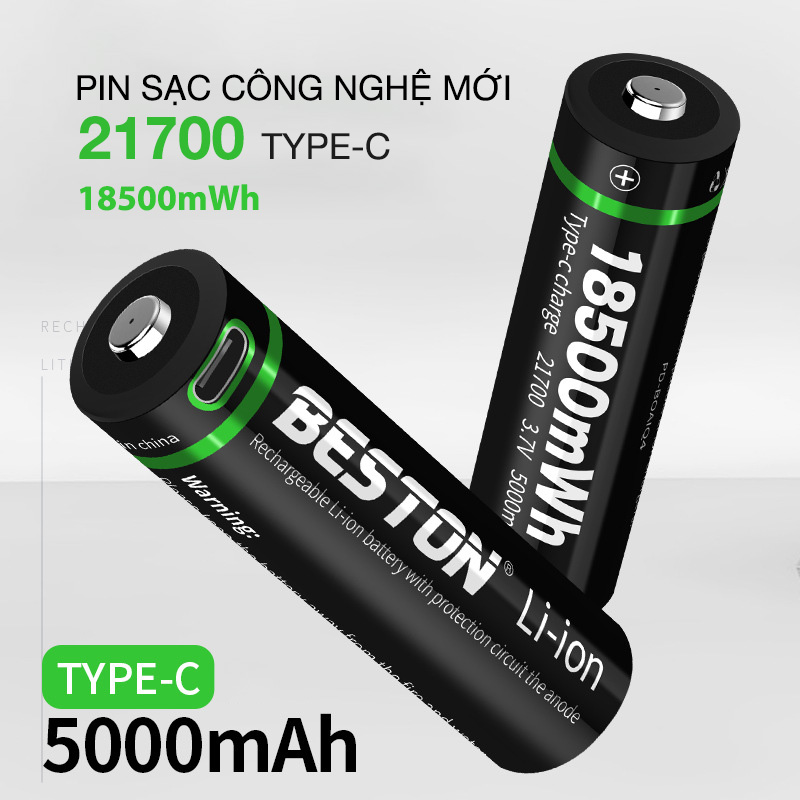 Pin Sac 21770 18500mWh cho đèn pin LED công suất cao Beston dòng xả lớn, pin dự phòng, xe điện (Kèm cáp sạc Type-C)