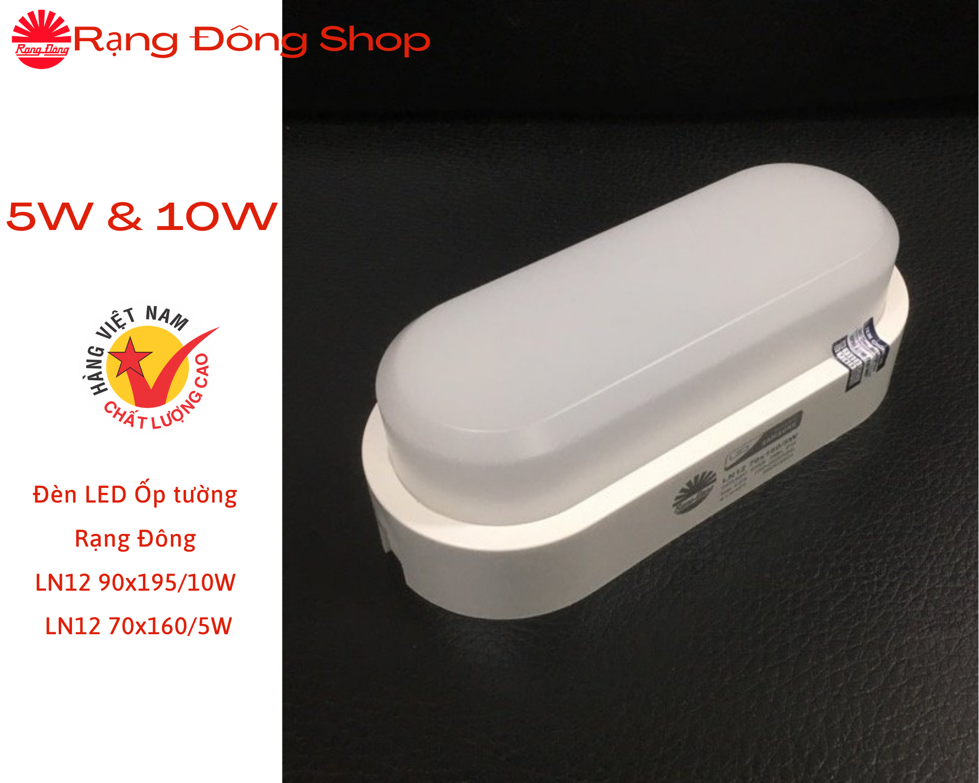 Đèn led ốp tường, gắn tường chính hãng rạng đông ln12 90x195/10w & ln12 70x160/5w ánh sáng trắng