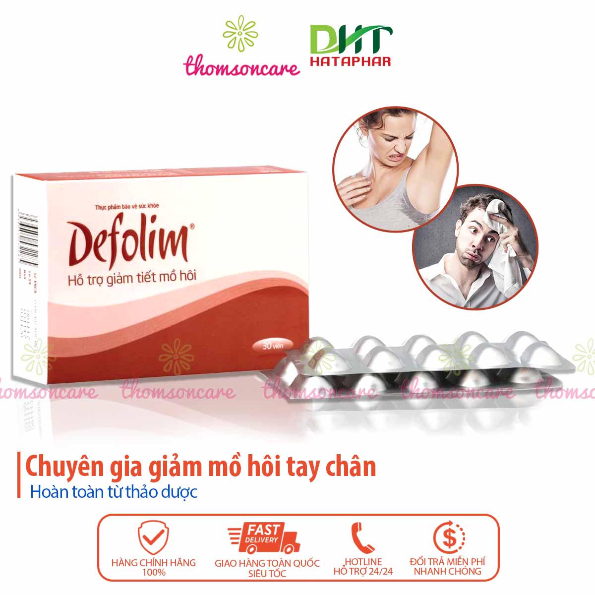 Defolim - Giúp giảm tiết mồ hôi chân tay - Hộp 30 viên