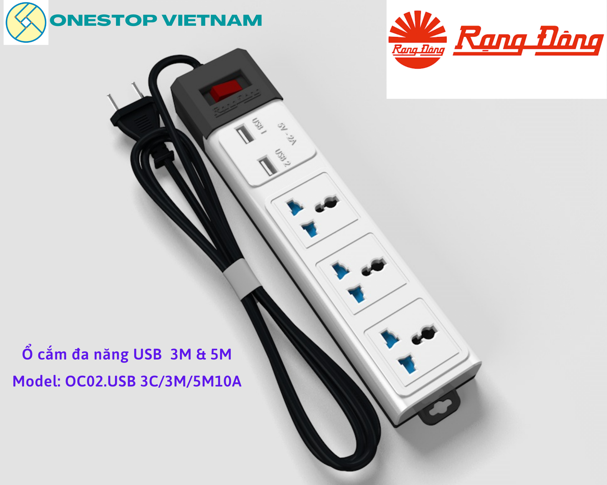 Ổ cắm đa năng USB RẠNG ĐÔNG 3M & 5M Model: OC02.USB 3C/3M/10A