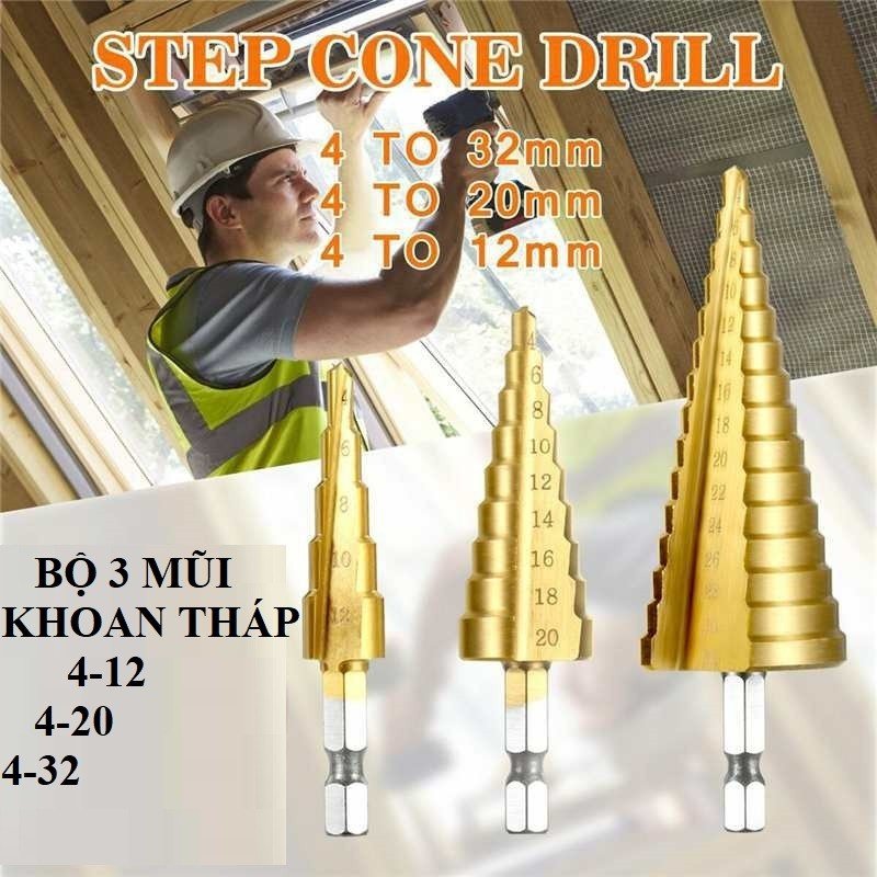 Bộ mũi khoan tháp chuôi lục giác thép gió hss mạ titan 4-32mm khoan nhôm, nhựa, gỗ
