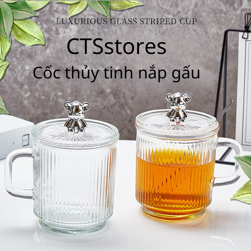 Cốc thủy tinh nắp gấu, 500mL, tặng kèm thìa kim loại cao cấp