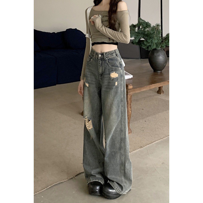 Quần jean lưng cao ống suông phối rách phong cách Retro - 247storeFashion - Quanjeanrach9301_P11K10