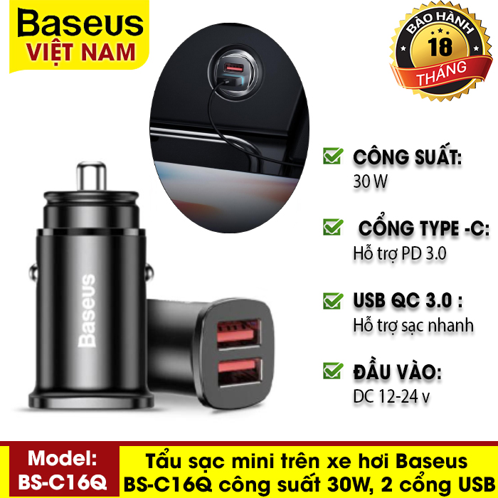 Tẩu sạc mini trên xe hơi Baseus BS-C16Q công suất 30W, 2 cổng USB, vỏ bằng hợp kim sạc nhanh Quick Charge 4.0 3.0 cho iPhone 11 Pro Max Xiaomi Huawei - Thương hiệu Baseus - Phân phối bởi Baseus Vietnam