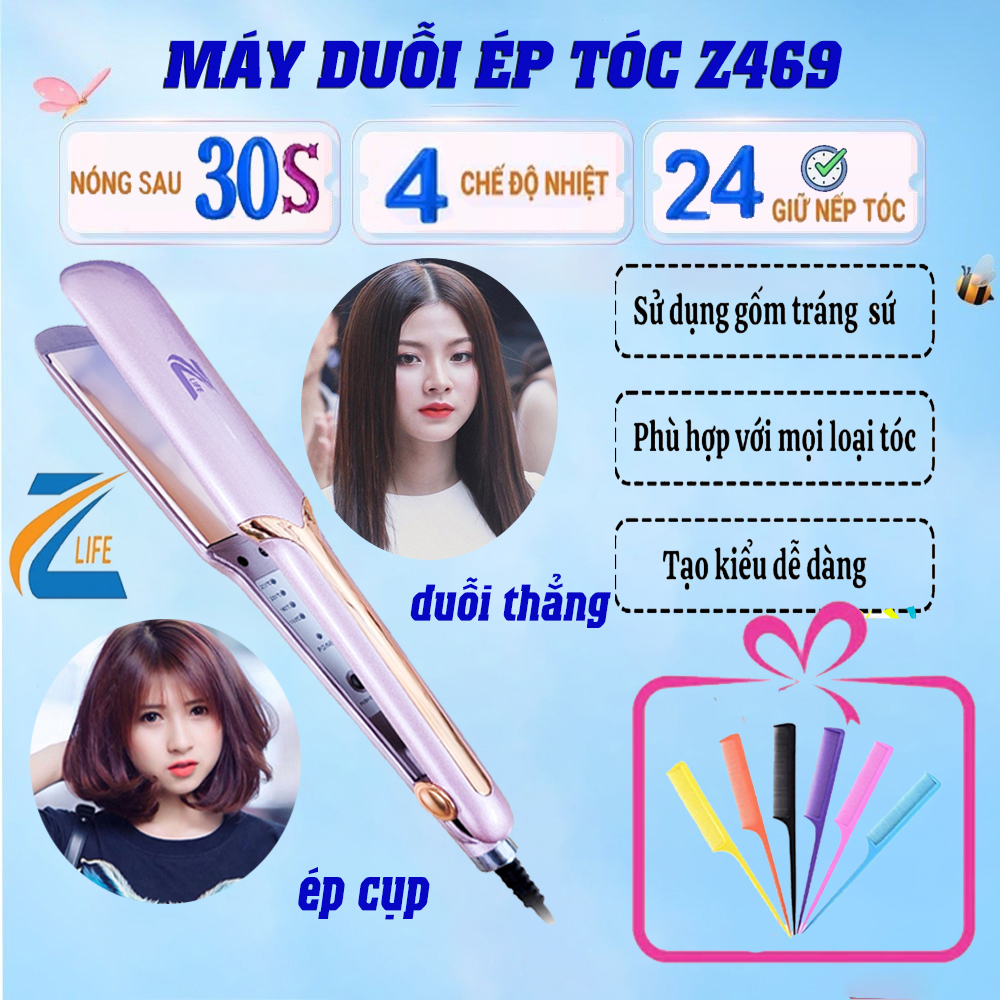 Máy ép tóc duỗi tóc cao cấp Zlife Z469, máy là kẹp làm thẳng tóc chính hãng, kéo tóc thẳng bán kèm máy bấm tóc dập xù chân tóc tiện lợi an toàn cho tóc