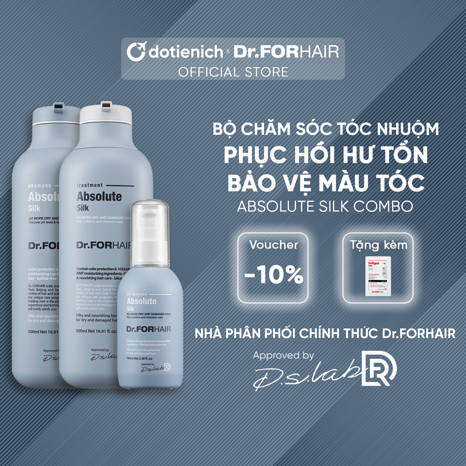Combo Dr.FORHAIR Absolute Silk dưỡng tóc nhuộm, giữ màu tóc