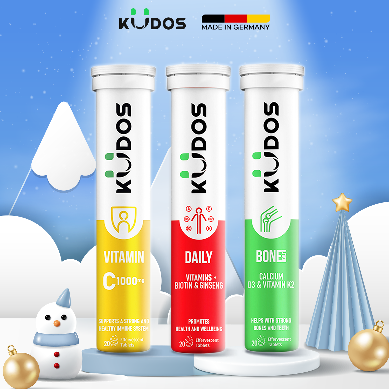 Combo 3 Siêu Phẩm Viên sủi KUDOS VITAMIN C 1000MG + Viên Sủi KUDOS BONE + Viên Sủi KUDOS DAILY (20 viên/ Tuýp)