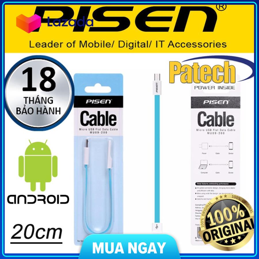 Cáp sạc ngắn Android 20cm Pisen cổng Micro Usb, hỗ trợ sạc nhanh, Patech phân phối bảo hành 18 tháng.