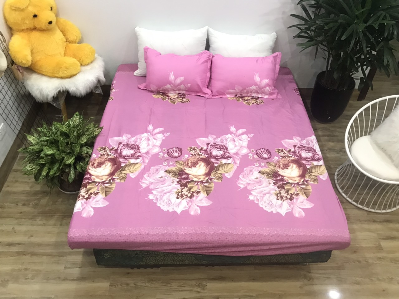 Set ga gối cotton poly mẫu trà hồng p2