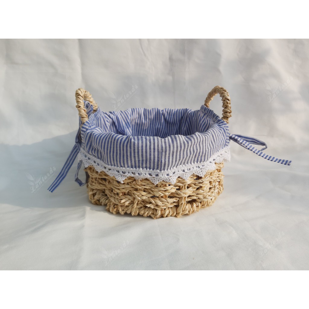 Giỏ cói tròn có quai kèm vải lót cotton, giỏ đan từ sợi buông hàng VN, hình shop chụp