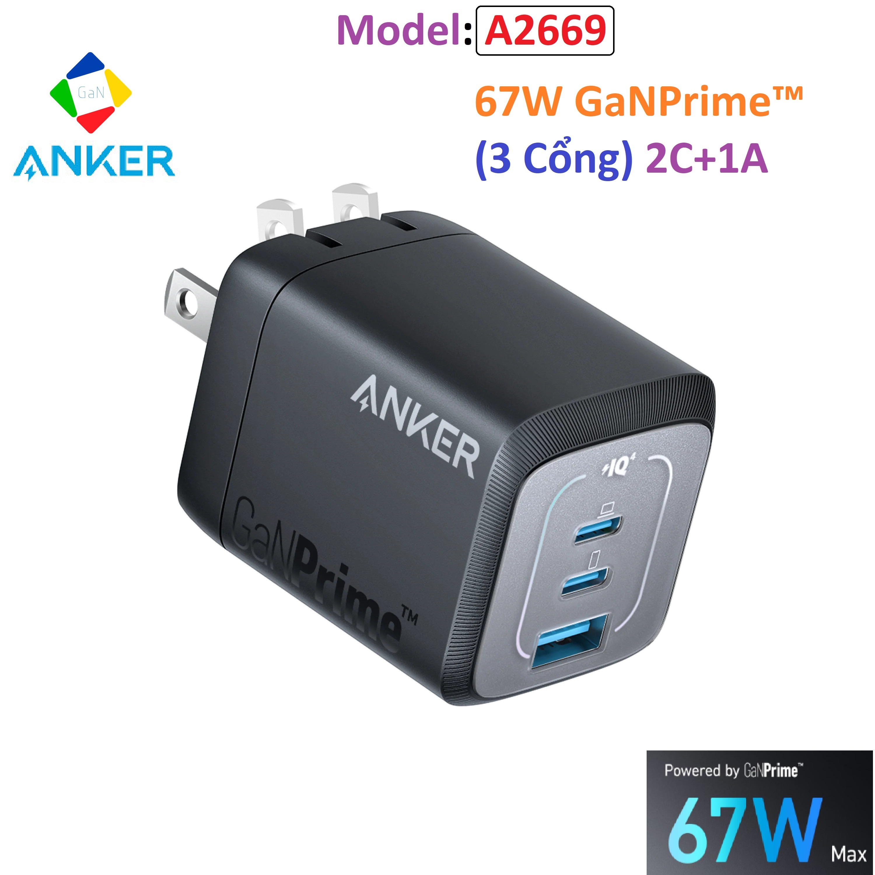 Củ sạc anker prime 67w gan wall charger a2669 3 cổng 2 usb-c pd và 1 usb-a | iq 4.0 pps 2.0