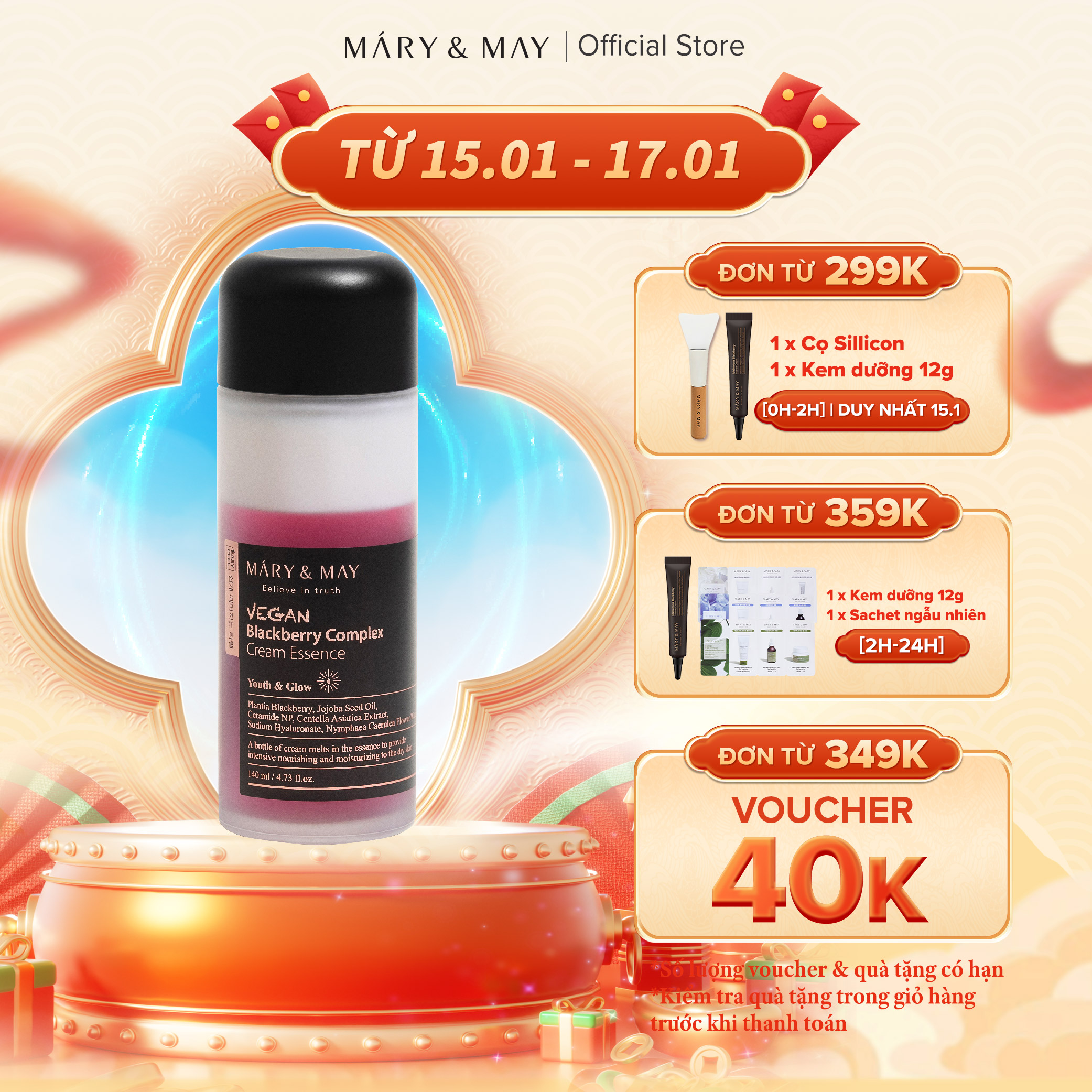 Dưỡng Chất Tăng Cường Độ Ẩm, Chống Lão Hoá Mary&May Vegan Blackberry Complex Cream Essence 140ml