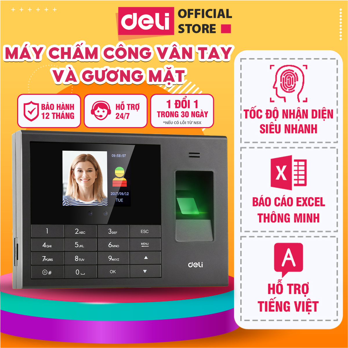 Máy Chấm Công DELI Chính Hãng Cao Cấp Nhận Diện Gương Mặt Và Quét Vân Tay, Máy Quét Công Nghệ Cao, Nhận Diện Siêu Tốc, Hỗ Trợ Tiếng Việt, Báo Cáo Bằng File Excel Thông Minh Thiết Bị Văn Phòng Làm Việc