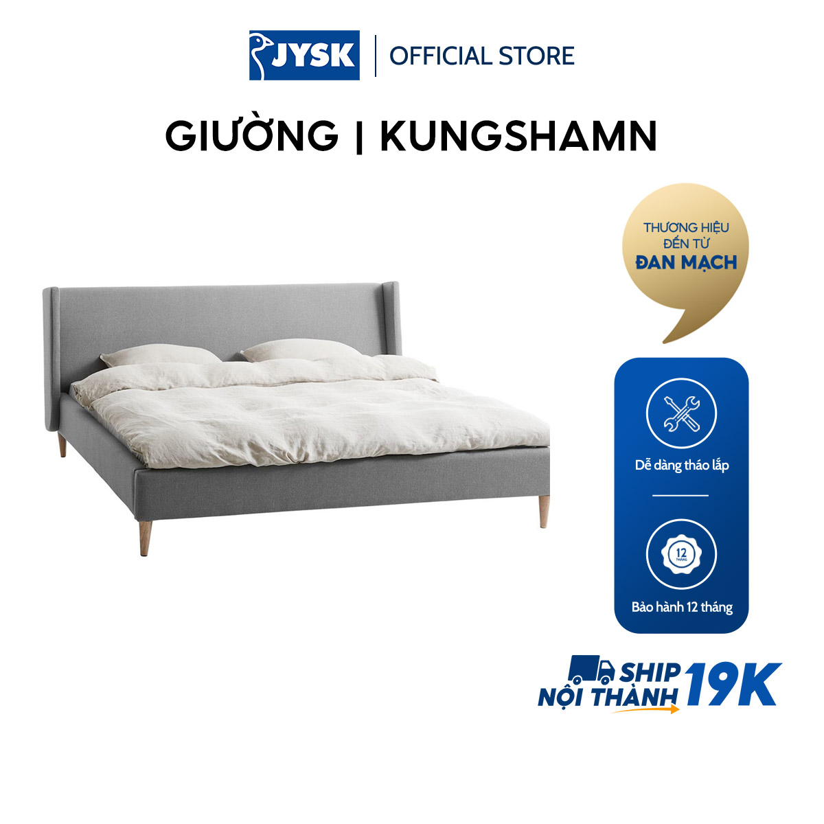 Giường JYSK Kungshamn gỗ công nghiệp/vải polyester xám nhạt nhiều kích thước
