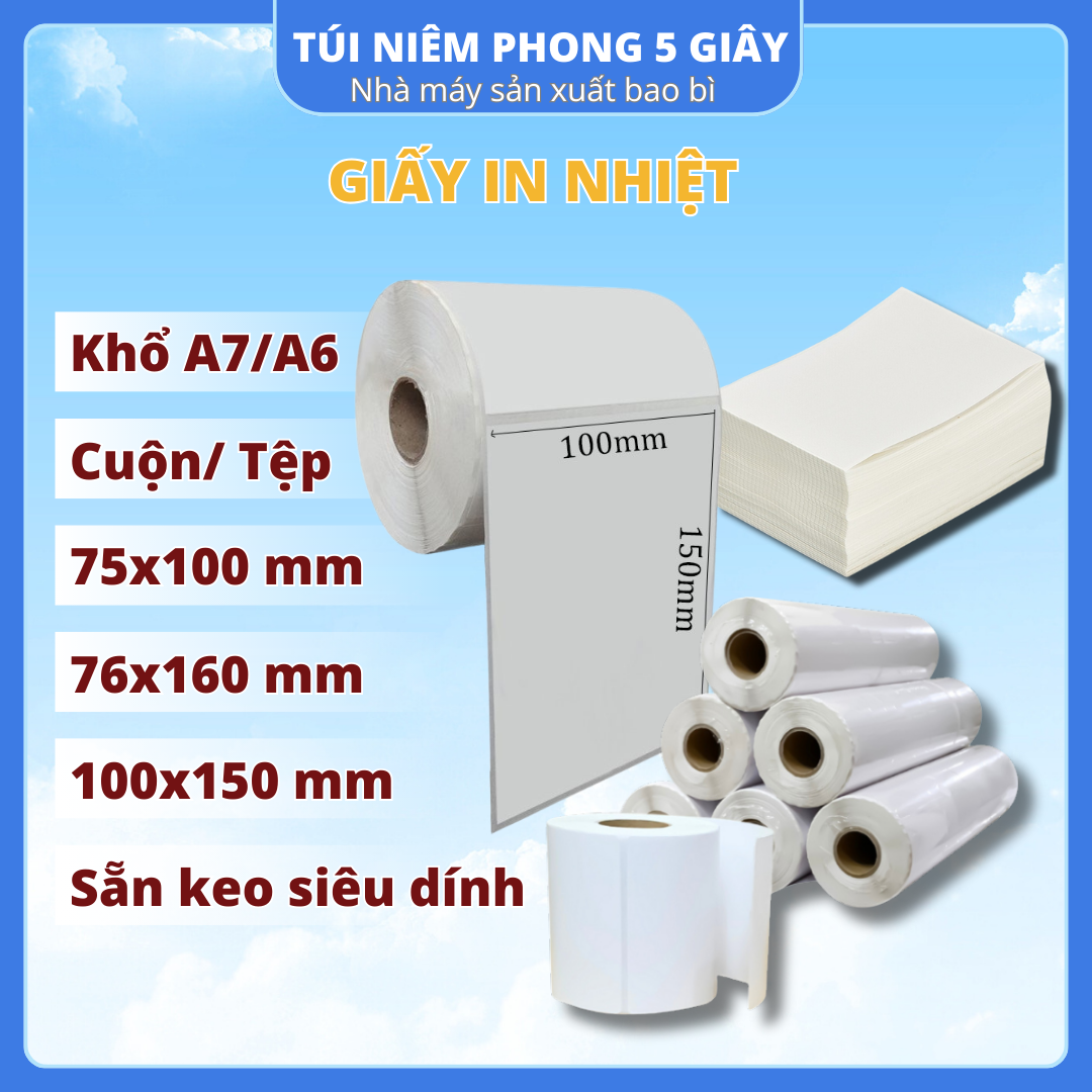  Giấy in nhiệt tem in đơn có keo dính sẵn khổ A6 A7 Cuộn Tệp 300 tờ 500 tờ tiện dụng dùng cho máy in nhiệt - 5giây 