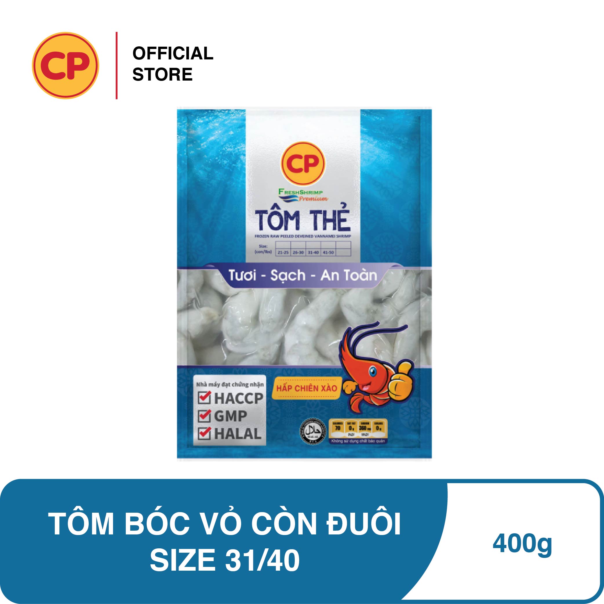 Cp tôm thẻ đông lạnh còn đuôi size 31-40 con/kg - 400g - sản phẩm từ hải sản cao cấp, 100% truy xuất nguồn gốc rõ ràng