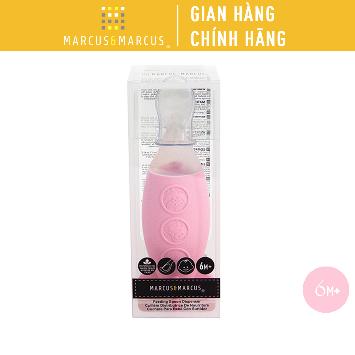Bình bóp ăn dặm silicon có thìa cho bé Marcus & Marcus, từ 6 tháng - Hồng