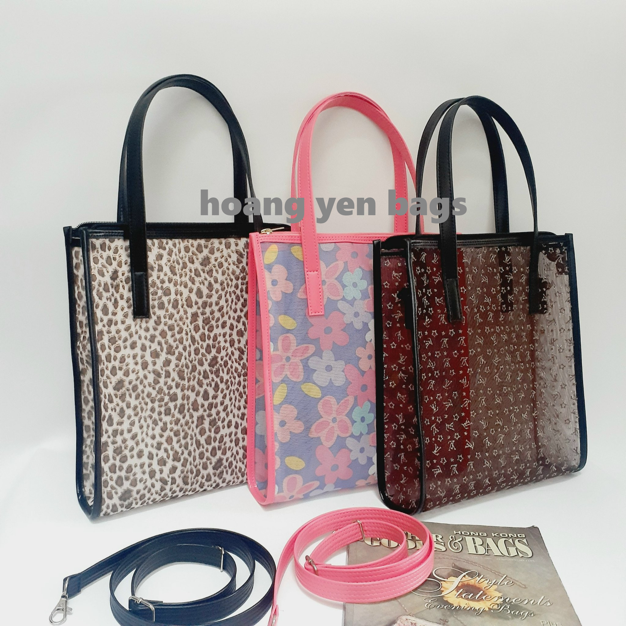 Túi xách nữ trong suốt đi làm 2 trong 1, chất liệu lưới vi tính , đựng được laptop, giấy tờ A3, A4.com bo có bóp và dây đeo chéo đồng bộ