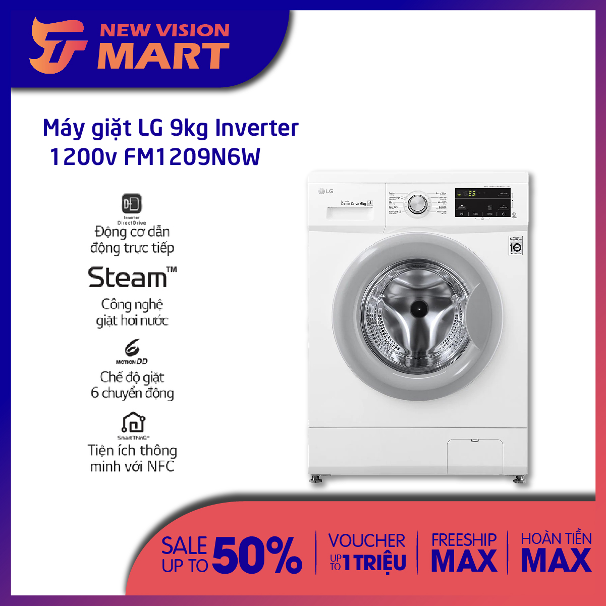 [Voucher Upto 20%][Chính Hãng LG][FreeShip COD + Lắp Đặt Hà Nội][Trả Góp 0%] Máy Giặt Lg Inverter 9 Kg Fm1209N6W