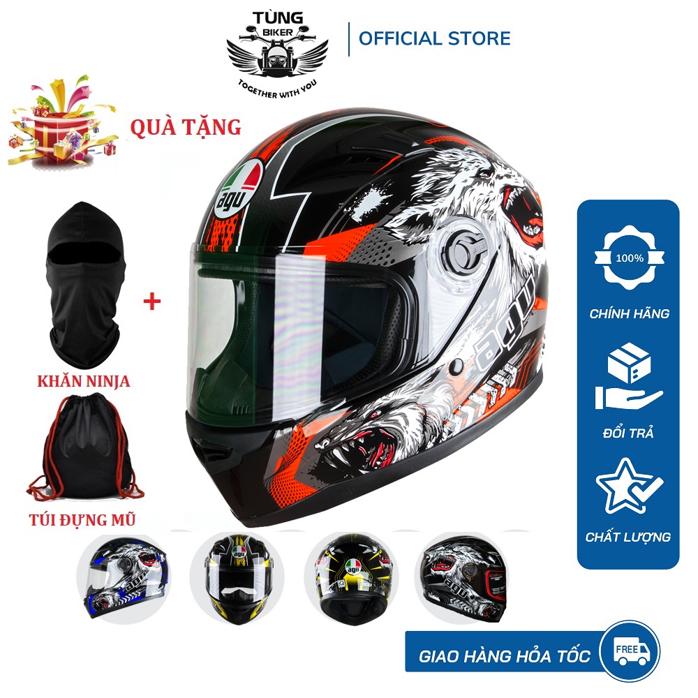 Mũ Bảo Hiểm Fullface AGU Tem Sói - BH 12 Tháng Tặng Khăn Trùm Ninja + Túi