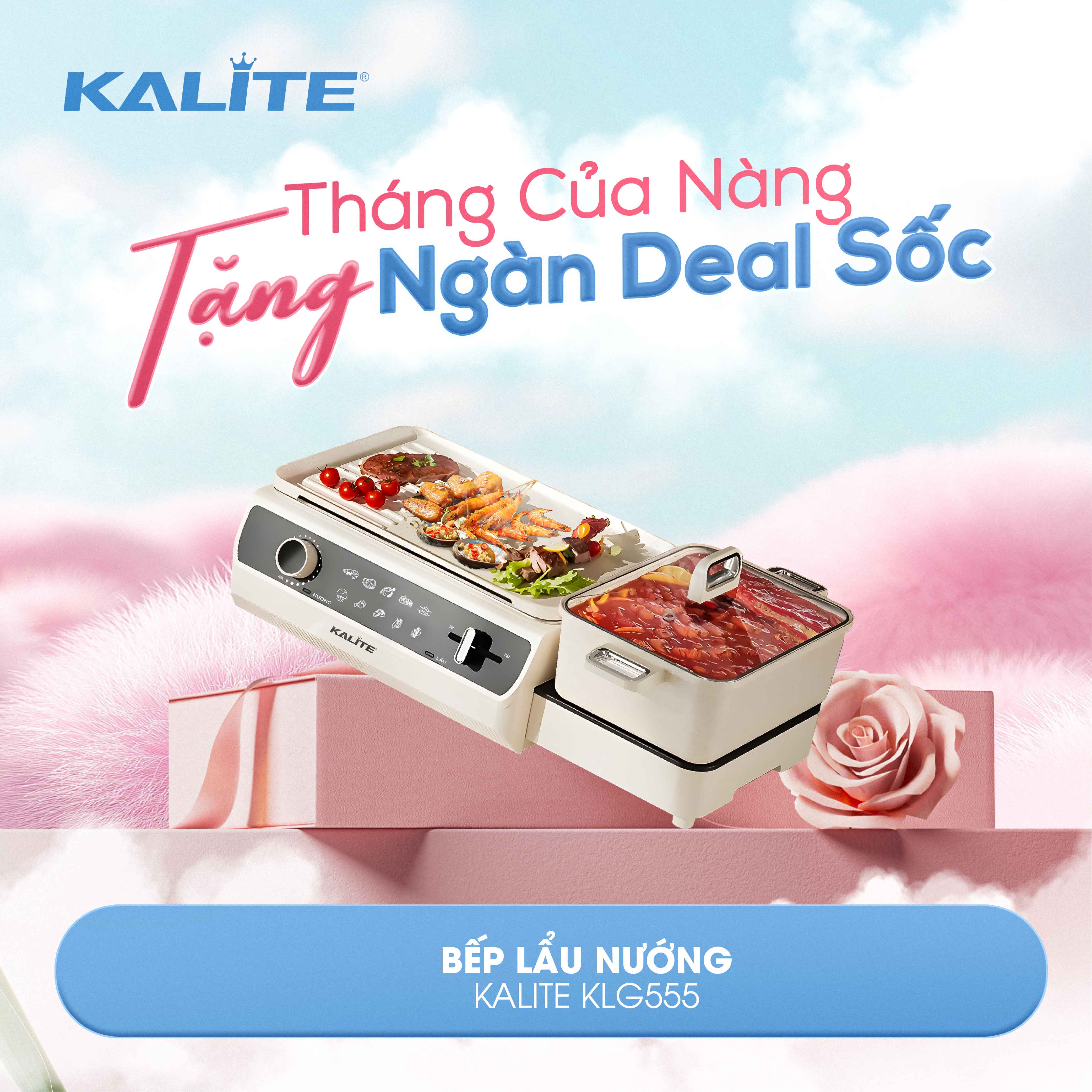 Nồi lẩu nướng Kalite KLG555, Công suất 2200W, lẩu-nướng 2in1,Thiết kế gấp gọn, Chống dính ceramic cao cấp, Điều khiển nhiệt độ độc lập, Bảng điều khiển trực quan, Bảo hành 12 tháng