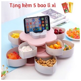 Hộp đựng bánh kẹo 2 tầng, Khay mứt xoay 2 tầng, Khay mứt bông sen xoay 2 tầng màu hồng