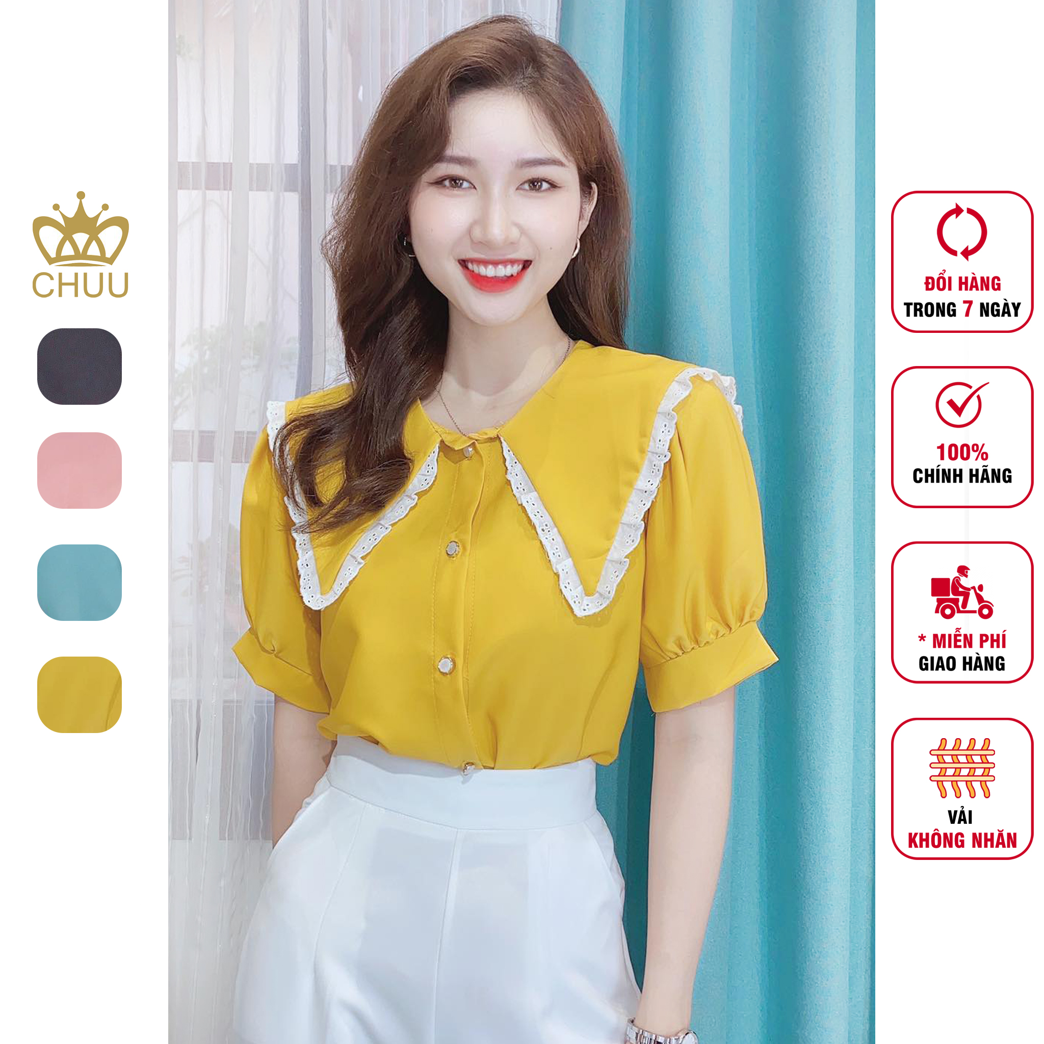 Áo sơ mi công sở nữ kiểu cổ vạt nhọn viền ren tay ngắn CHUU A6925