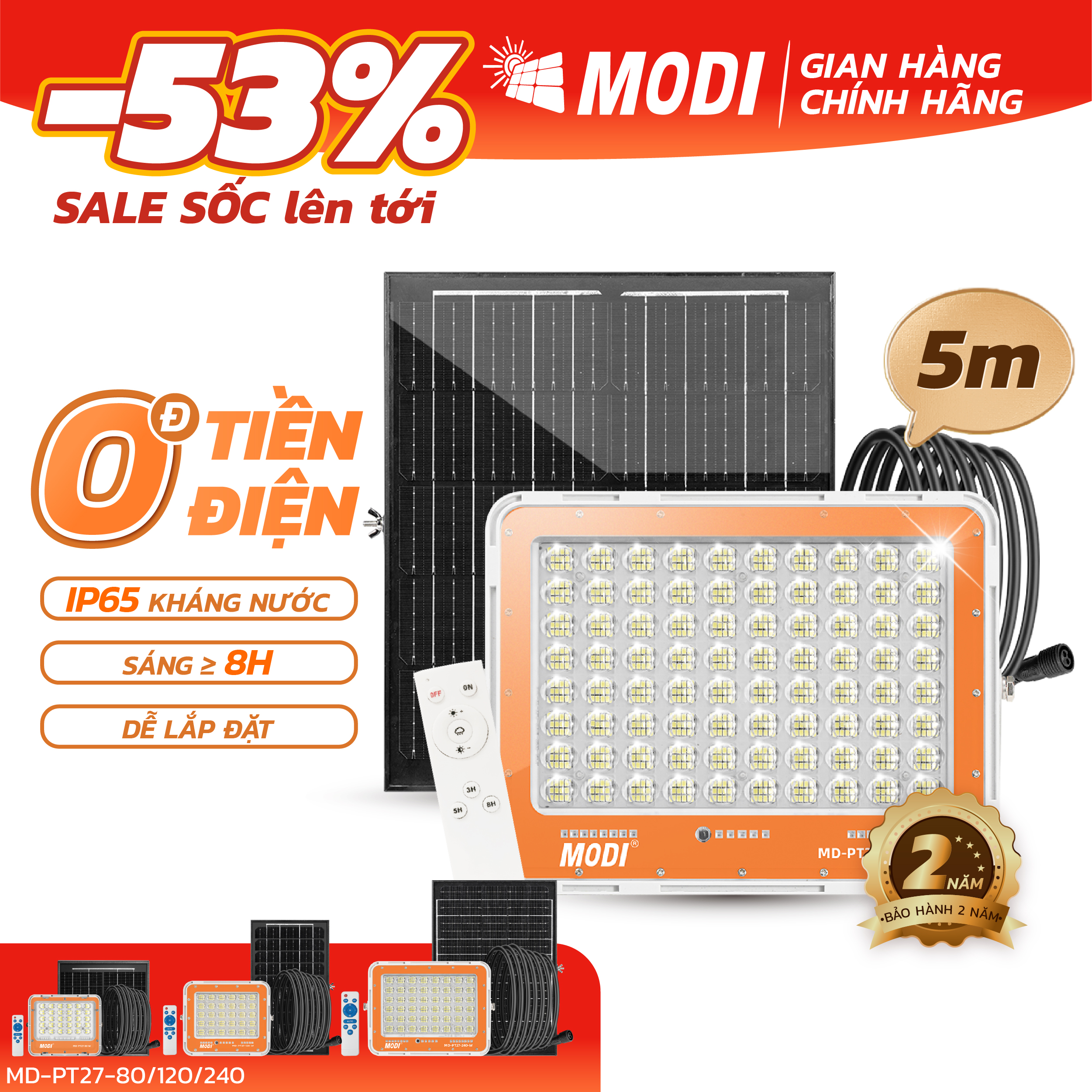 Đèn Năng Lượng Mặt Trời MODI SOLAR PT27 80W, 120W, 240W,360W Chống Nước IP65, Tích Hợp Hệ Thống Điều Khiển Từ Xa, Bảo Hành 2 Năm