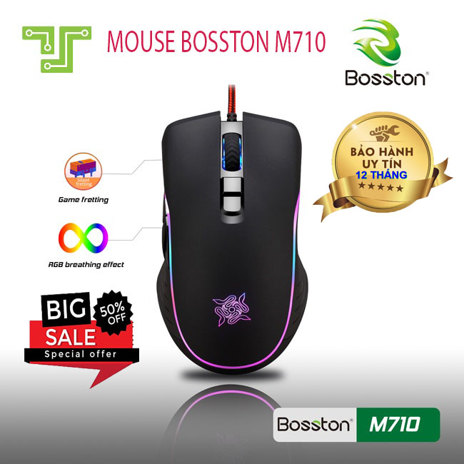 Mouse Bosston M710 Đèn Led RGB Cao Cấp, Chuột Gaming Bosston M710 Led Cực Đẹp, Tuổi Thọ Chuôt Lên Đến Hơn 10 Triệu Click, Chuột Chơi Game Chính Hãng. Lỗi 1 Đổi 1