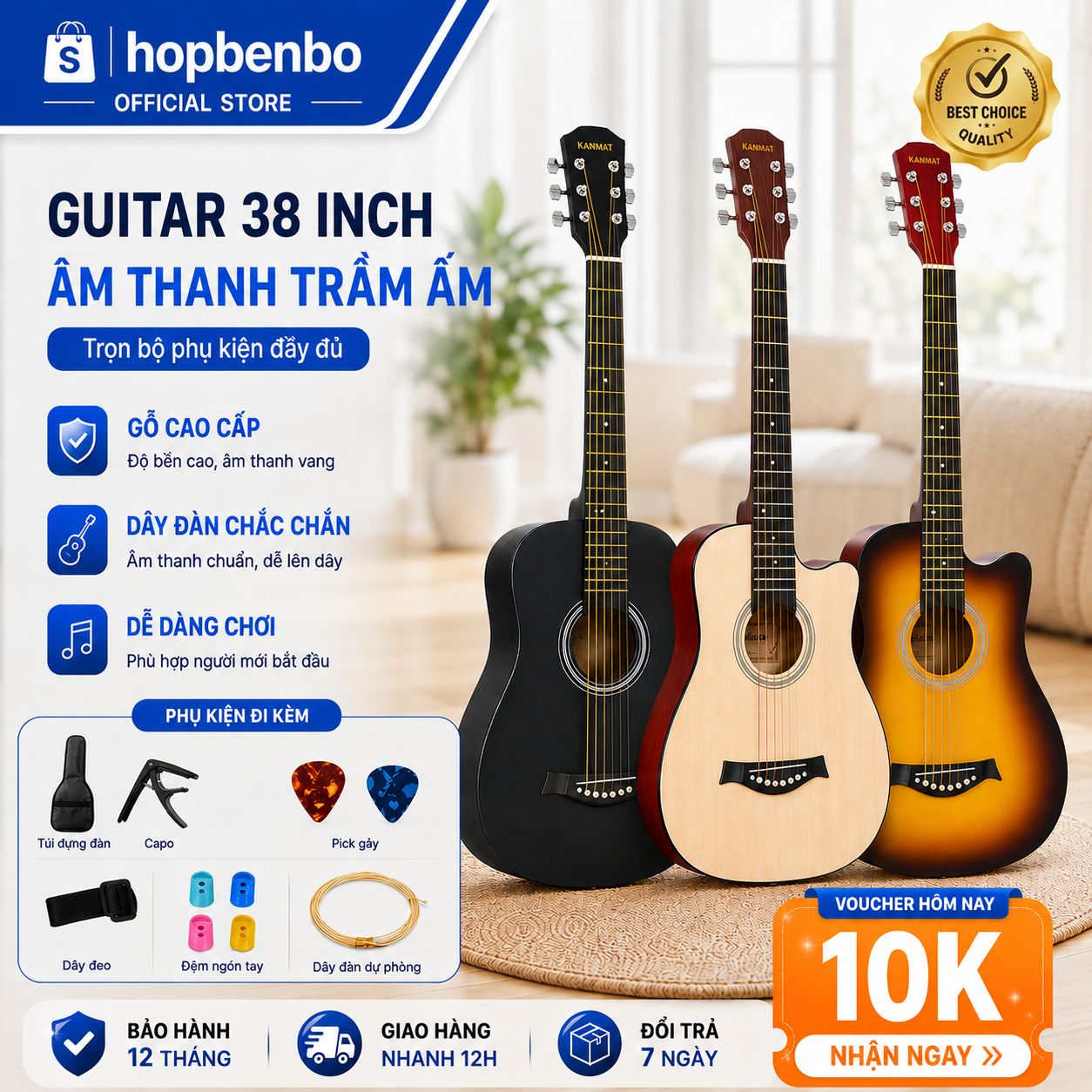 Đàn Guitar Acoustic Benstonmusic T50 38 Inch, Gỗ Cao Cấp, Âm Vang, Phù Hợp Người Mới Bắt Đầu