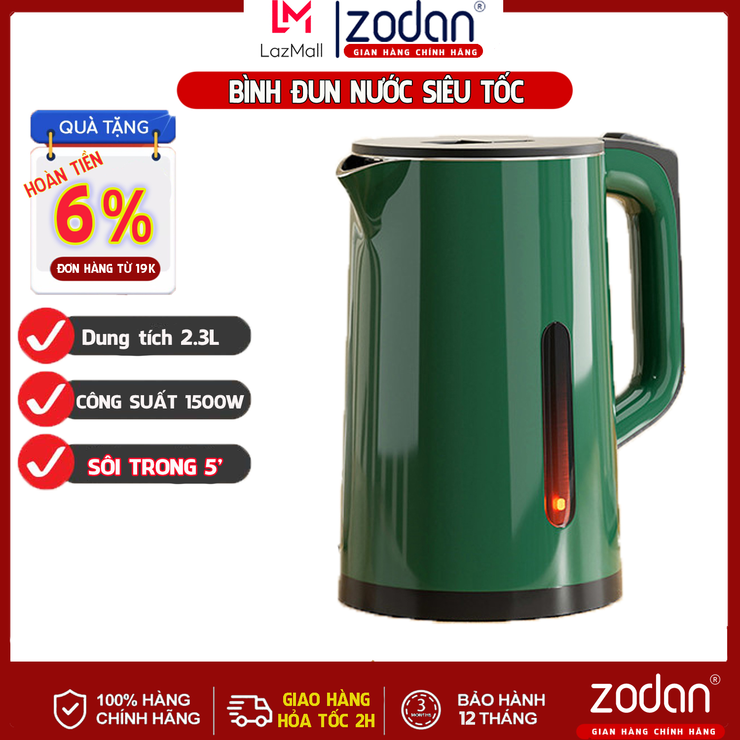 Ấm đun siêu tốc, Bình đun nước siêu tốc 2.3L - Bảo Hành 1 Năm - Ấm đun siêu tốc- An toàn cho mọi gia