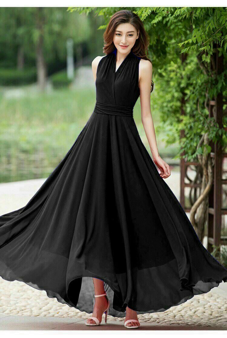 Dầm maxi dài đen cổ v sang trọng