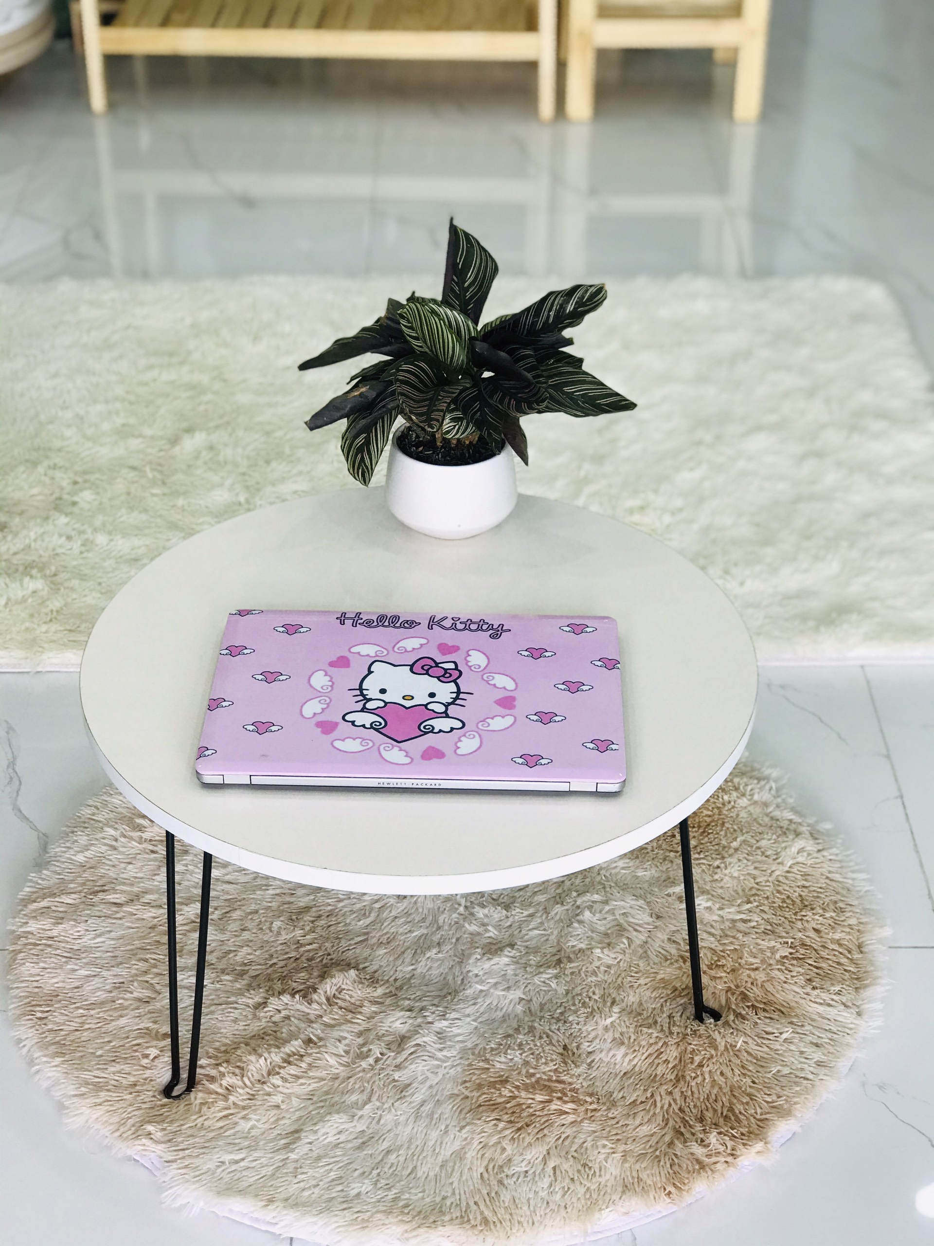 Bàn Trà, Bàn Tròn Gỗ Màu Trắng Ngồi Bệt Chân Xếp Gọn