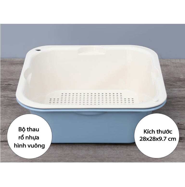Bộ thau kèm rổ vuông 28cm đựng rau củ quả, nhựa PP cao cấp an toàn khi sử dụng Bioplas