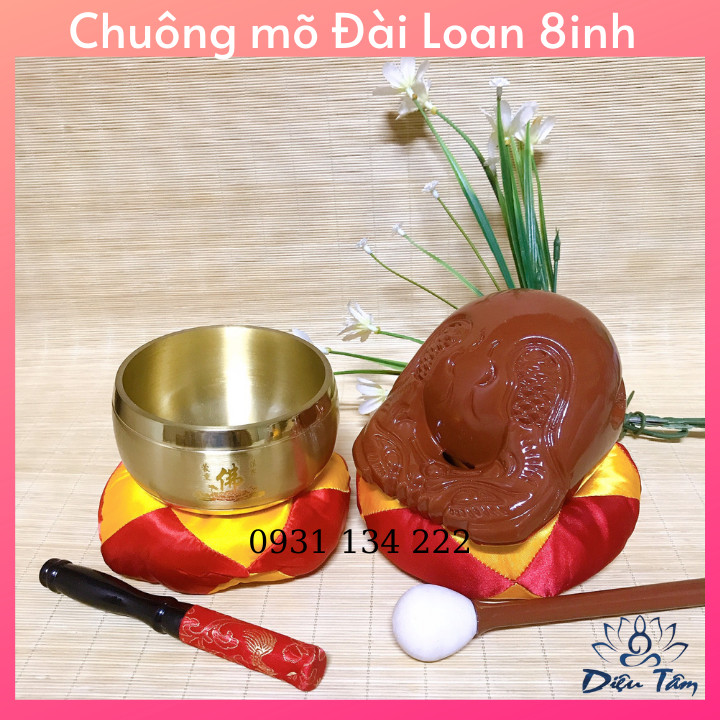 [Trả góp 0%]Chuông mõ Đài Loan 8 inch tụng kinh Phật - Đồ thờ cúng chất liệu bằng đồng và gỗ  sản phẩm có dùi và đế lót đi kèm đồ thờ cúng phong thủy shop Diệu Tâm