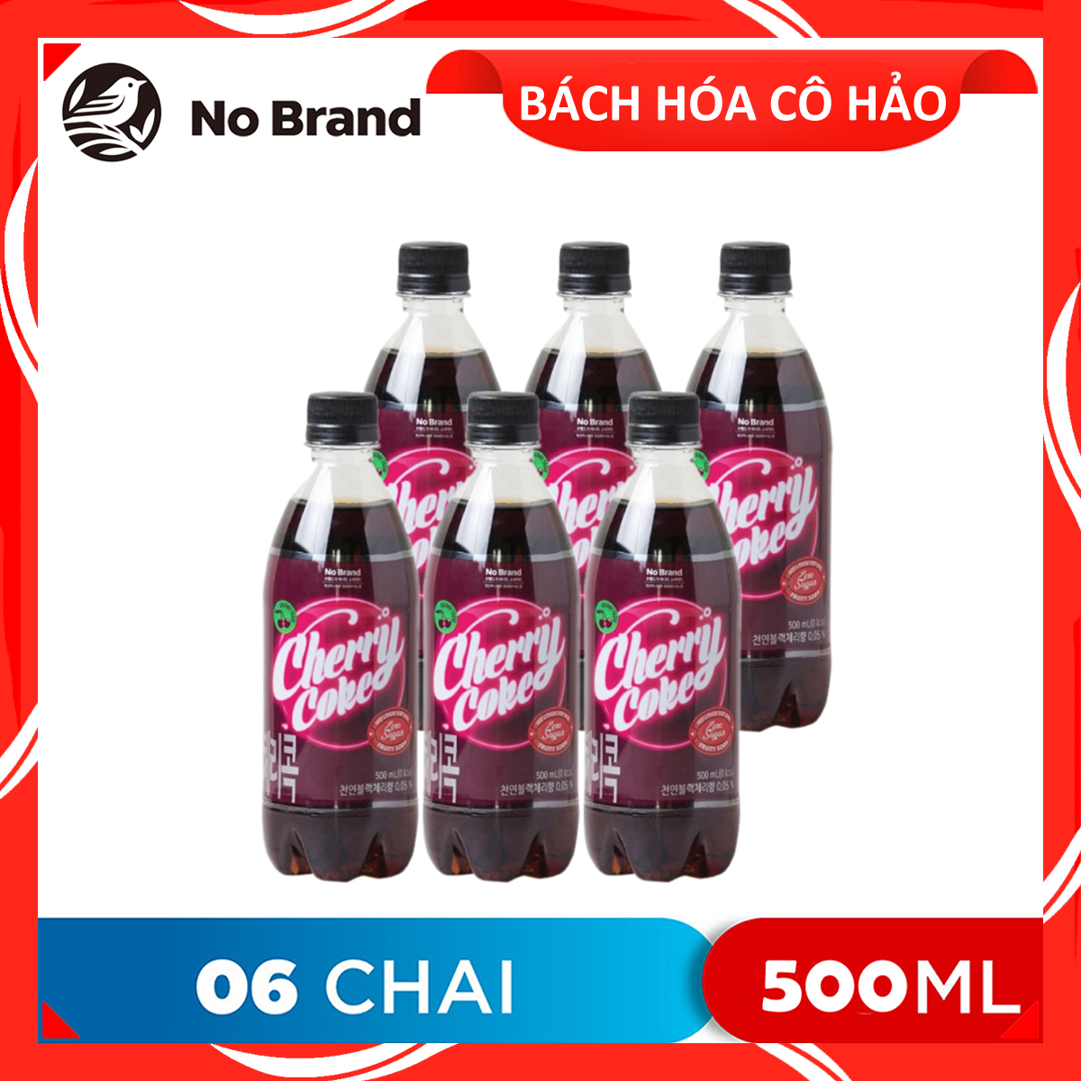 Combo 6 chai nước ngọt có ga vị cherry không đường Cherry Coke Zero Sugar No Brand 500ml